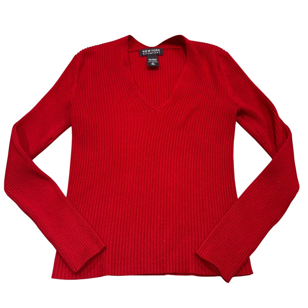 Y2K Ribbed V-Neck Sweater Women Small Red Long Sleeve New York & Company